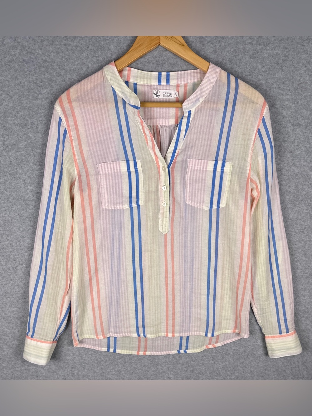 Carve Designs Dylan Gauze Shirt XS Multicolor Stripe Popover Coastal Boho
